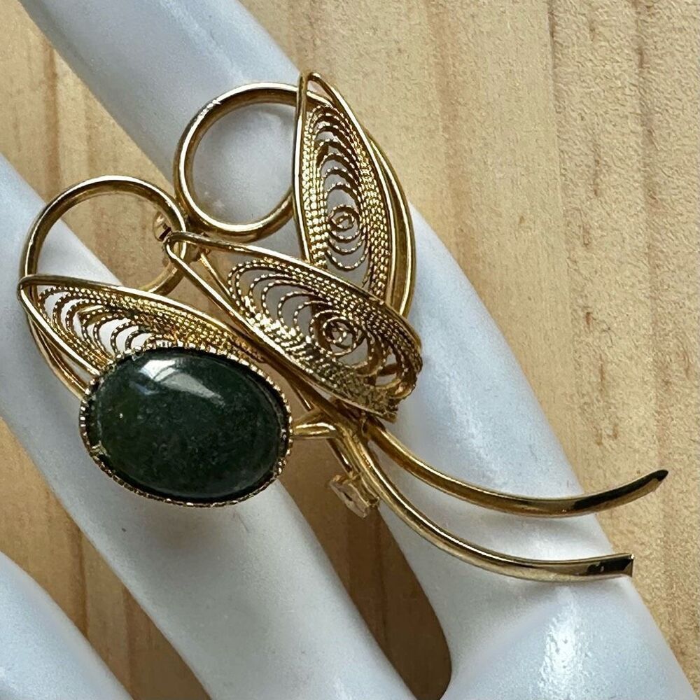 Vintage Gold-Tone Butterfly Brooch with Green Aventurine Cabochon